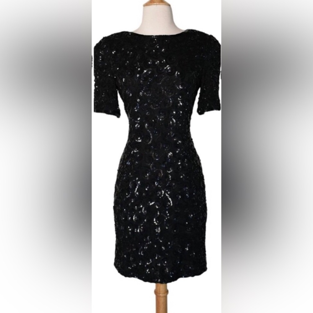 Vintage Niteline Black Silk Beaded Sequin Cocktail Dress Size 10